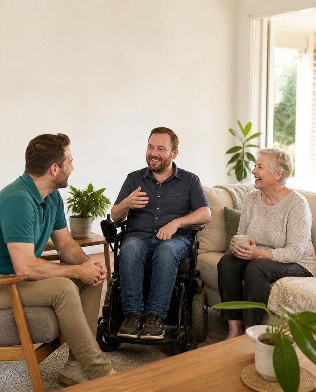 A man in a wheelchair chatting and laughing in a living room with an older woman holding a cup of tea and a support worker