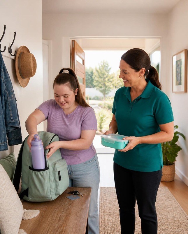 A young woman packing a water bottle into her backpack by the front door while a support worker hands her a lunch box, both smiling
